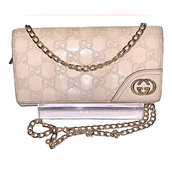 🤍 Gucci GG Guccisima Long Wallet Snap Zipper Gold GG with Chain WOC Bone Beige - Picture 3 of 13